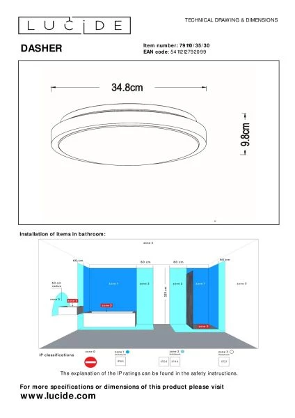 Lucide DASHER - Lámpara de techo Baño - Ø 34,8 cm - LED - 1x18W 2700K - IP44 - Sensor movimiento & día/noche - Negro - técnico